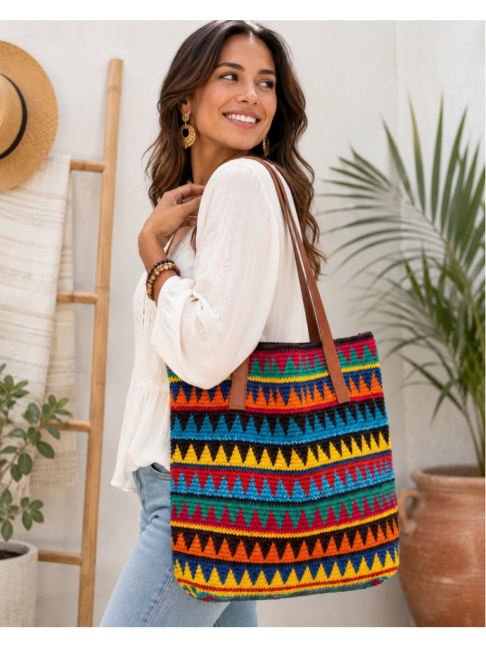 Unique Batik Handmade Crochet Bag Colorful Boho Tribal Leather Strap Shopper